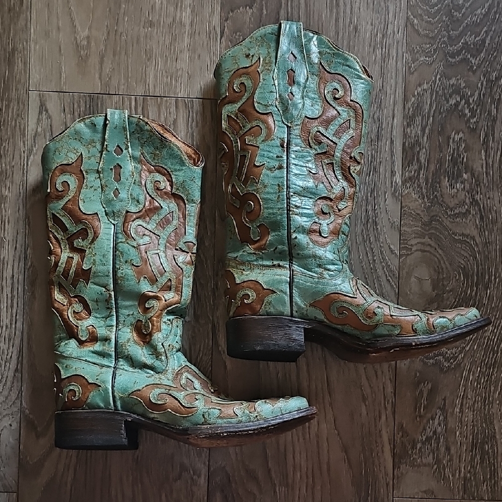 Tanner Mark Rustic Turquoise and Brown Leather Boots